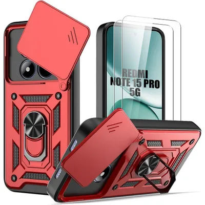 Image de Coque + 2 Verres Trempés pour Xiaomi Redmi Note 15 Pro 5G, avec Anneau et Protection Caméra - Rouge