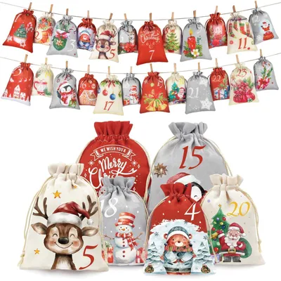 Produktbild von Adventskalender zum Befüllen für Kinder, 2 Größen 18x13cm/15x11cm, Jute, 24 Säckchen, Weihnachts-Illustrationen