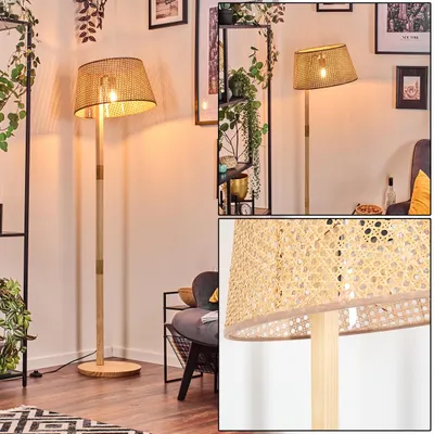 Produktbild von Varoni Stehlampe mit Holzfuß und Schirm aus Rattan