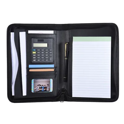 Obrázok produktu pre Prenosné profesionálne obchodné portfólio Padfolio Folder Document Case Organizátor A5 Imitácia kože na zips s kalkulačkou Držiak karty Memo Poznámkový blok