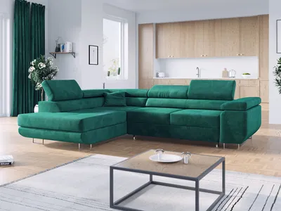 Produktbild von Ecksofa L-Form Couch mit Schlaffunktion und Verstellbare Kopfstützen - GUSTAW - Dunkelgrün - Links