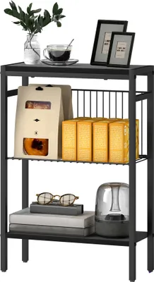 Produktbild von 3-stufiger Beistelltisch mit Holzoptik-Regalen und schwarzem Stahlrahmen
