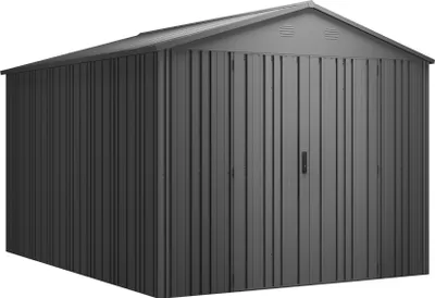 A dark gray metal shed with double doors and a pitched roof, shown from a three-quarter angle against a white background.