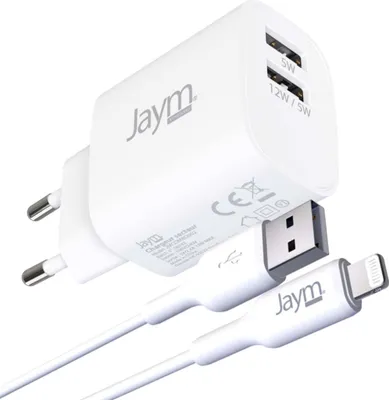 Produktbild von Jaym, USB-A Netzteil 2x Ports 12W inkl. 2m USB-A zu Lightning Kabel, Weiß