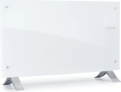 A white glass electric heater with silver legs is shown against a white background.