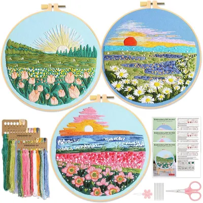 Image de Kit de point de croix, motifs floraux, ensemble de 3 pièces pour débutants, adultes, travaux manuels créatifs