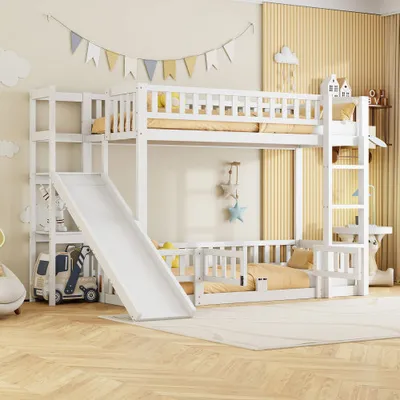 Immagine prodotto di Letto a castello AIORBER, 90 x 200 cm, legno di pino e MDF, con scivolo e gradini, letto inferiore con porta estraibile, ripiani per lo spazio di archiviazione, letto per bambini, bianco