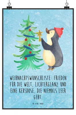 Produktbild von Mr. & Mrs. Panda Bild Pinguin Weihnachtsbaum DIN A4 - Eisblau - Geschenk, Weihnachten, Winter, drucke, Posterdruck, wanddeko, Wandbild, Kunstdruck