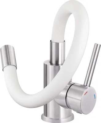 A kitchen faucet with a flexible white spout and a silver handle.