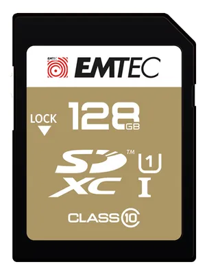 Produktbild von Emtec ECMSD128GXC10GP, 128 GB, SDXC, Klasse 10, 85 MB/s, 21 MB/s, Schwarz, Braun