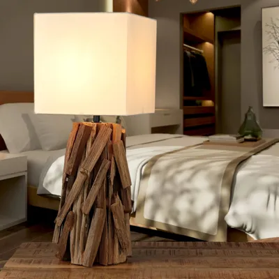 Produktbild von Tischlampe Modern "Chai" Treibholz Stoff Beige Nachttischleuchte Schlafzimmer