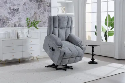 Obrázek produktu pro Elektrické křeslo s funkcí vstávání a masáží, sametově světle šedé. Relaxační křeslo s vyhříváním, funkcí polohování a držákem na nápoje – ideální pro seniory.