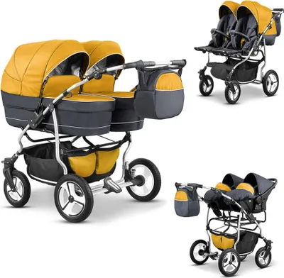 Produktbild von Zwillingskinderwagen Twin Star 4 in 1 Set in Gelb-Grau - 13 Teile - in 16 Farben erhältlich