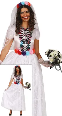 Produktbild von Tag Der Toten Braut Halloween Kostüm Blumen Schleier Skelett Design Requisite Festliche Verkleidung Fasching Weiß, Größe: 38 - 40 (M) Farbe: Weiß
