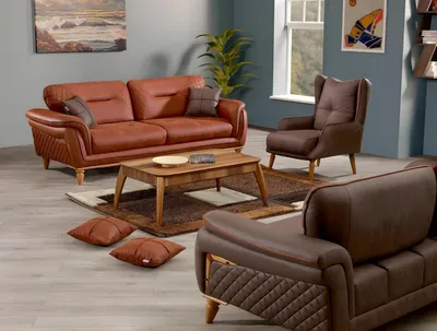 Produktbild von Elegantes Wohnzimmer Set aus Stoff in Orange mit Holzrahmen