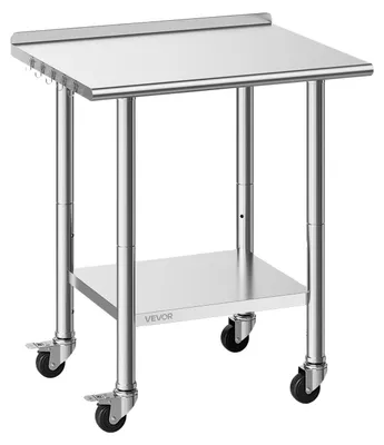Obrázok produktu pre Stôl z nehrdzavejúcej ocele VEVOR Gastro 762 x 610 x 894 mm, nastaviteľný stôl z nehrdzavejúcej ocele s kolieskami, lemovanie (30 mm), pracovný stôl so spodnou doskou pre reštaurácie Horná polica (204 kg) Spodná polica (168 kg)