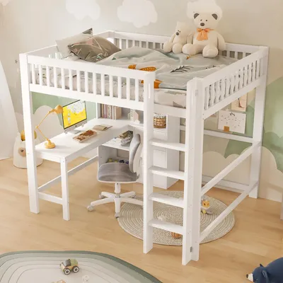 Produktbild von MODFU Hochbett mit matratze 140x200cm Jugendbett mit Schutzgeländer,Holzbett mit integriertem Schreibtisch,Bettgestell aus Massivholz,Weiß