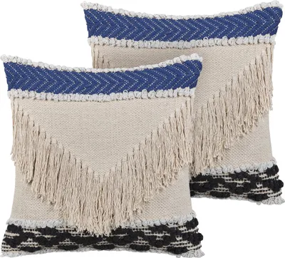 Obrázok produktu pre BELIANI Sada 2 dekoratívnych vankúšov béžová bavlna 45 x 45 cm geometrický vzor so strapcami štvorcový tvar boho moderný štýl doplnky