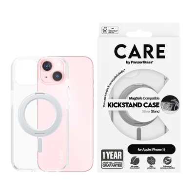 Obrázok produktu pre PanzerGlass CARE™ by ® Case Transparent w. Silver Kickstand & MagSafe iPhone 15, Ochranný obal, Apple, Apple - iPhone 15, 15,5 cm (6.1"), Priehľadná