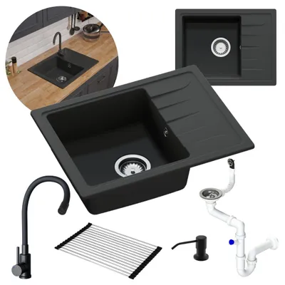 Produktbild von GranMaster Gracia Granitspülbecken Komplett-Set, Flexiblen Wasserhahn, Siphon, Seifenspender und Rollmata – 1-komoriger Spülbecken, kratzfest