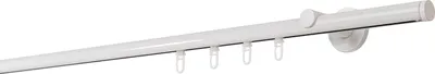 A white curtain rod with hooks against a white background.