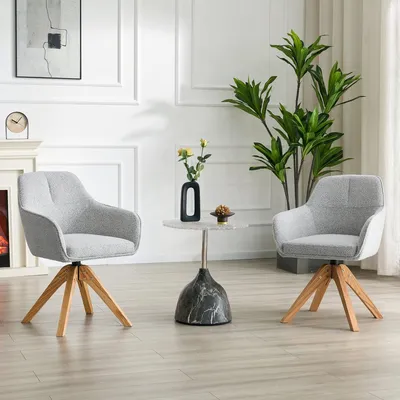 Obrázok produktu pre Sada dvoch otočných stoličiek do jedálne, 360 stupňov otočné, sivé čalúnenie z látky, nožičky z masívneho dreva, ergonomická opierka chrbta, moderné, čalúnené kreslá