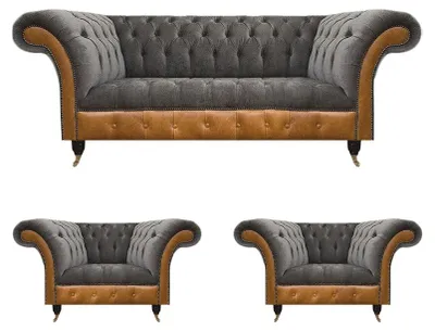 Zdjęcie produktu dla Jasnoszary fotel Chesterfield designerska 3-osobowa kanapa meble tapicerowane