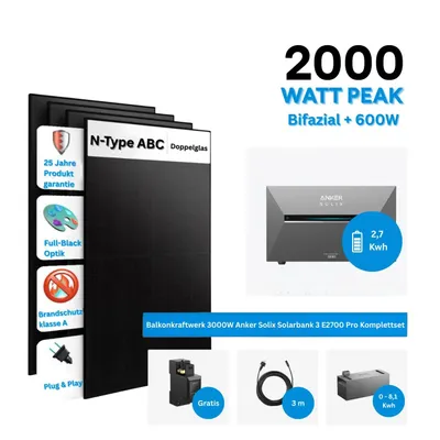 Produktbild von Anker SOLIX Solarbank 3 E2700 Pro Balkonkraftwerk Speicher mit 500W Solarmodul Komplettset - Solarbank 3 E2700 Pro + BP 2700 ×1 + 500W×4