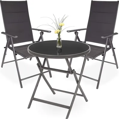 Image de BRUBAKER Salon de jardin Riva - 1 table en verre pliante ronde 70 cm Ø avec 2 chaises à haut dossier - Résistant aux intempéries - Gris argenté