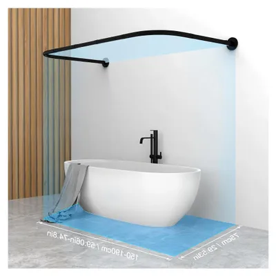 Produktbild von Duschvorhangstange U/L-Form 75×(150-190)×75 cm - Duschstange für Duschvorhang Badewanne Ecke Schiene mit 2-in-1 Stange - Ohne Deckenhalterung - Inkl. 24 Ringe aus Edelstahl - Schwarz