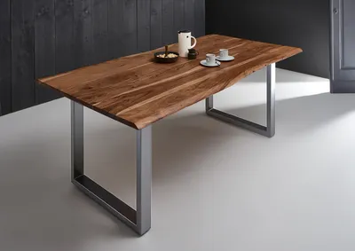 Produktbild von Esstisch Baumkante massiv Akazie nussbaum 160 x 85 U-Gestell silber MILO
