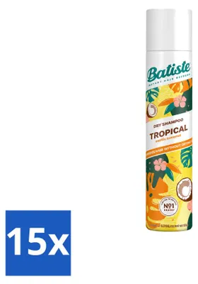 Imagen del producto de 15 unidades de champú seco Batiste Tropical, con aroma tropical, de 200 ml cada uno. Paquete económico
