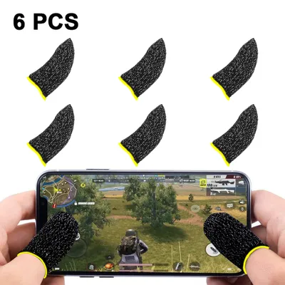 A collage showing six black finger covers with yellow trim, and a close-up of hands using a smartphone with the finger covers on.