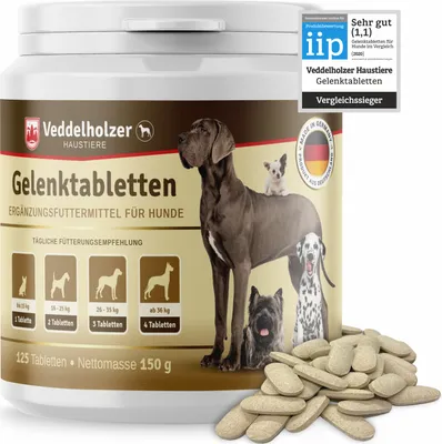 Produktbild von Veddelholzer VERGLEICHSSIEGER Hunde Gelenktabletten | Maximale Wirkstoff-Dosis mit Grünlippmuschel Pulver MSM & Teufelskralle Glucosamin & Kollagen 125 Kapseln