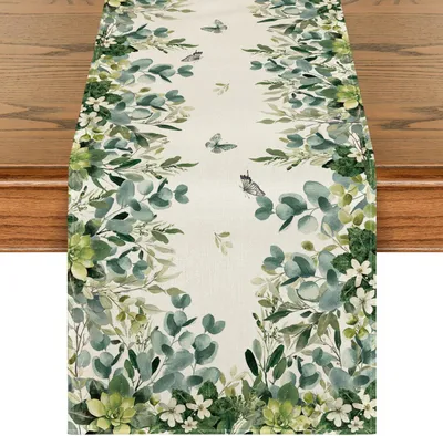 Produktbild von Tischläufer mit Eukalyptusmotiven für den Frühling, saisonale Sommerdekoration für die Küche, Innendekoration für Feiertage und Partys, 40x140 cm