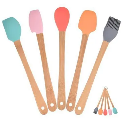 Image de Ensemble d'ustensiles de cuisine en silicone, 5 pièces, colorés : spatule, pinceau, cuillère, résistants à la chaleur