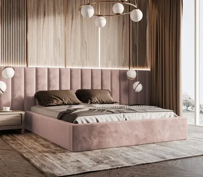 Produktbild von Polsterbett Vilde 200x200 mit Wandpaneelen 300 cm, Bettkasten, Samtbezug Piano 22 Rosa, stabile Konstruktion