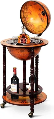Produktbild von Globus Bar, Globusbar aus Eukalyptus, Weltkugel Barwagen mit Rollen, Retro Hausbar Minibar für Weingläser & Weinflaschen (Braun)