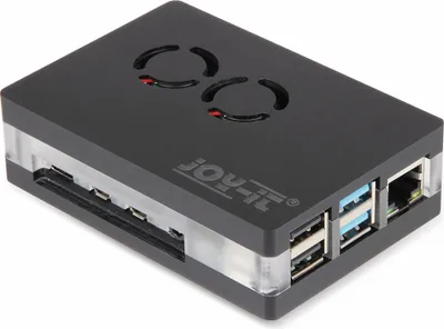 A black computer case for a Raspberry Pi 4 B, shown from a diagonal angle.