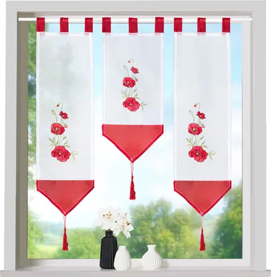 Produktbild von heimtexland ® Scheibengardine Set 3-tlg Schlaufen Gardine Bestickt Fensterdeko Typ710 Mohnblume Rot