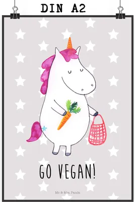 Produktbild von Mr. & Mrs. Panda Bild Einhorn Vegan DIN A2 - Grau Pastell - Geschenk, typografie poster, Veganismus, Rohkost, Gesund Leben, Plakat, drucke, wanddeko, Wandbild, Unicorn