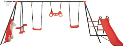 Zdjęcie produktu dla Wielofunkcyjny Duży Metalowy Plac Zabaw dla Dzieci Metalowa Huśtawka Stelaż Zjeżdżalnia MAKS Czerwony 480x195 cm