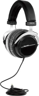 A pair of black and silver studio headphones with a coiled cable.