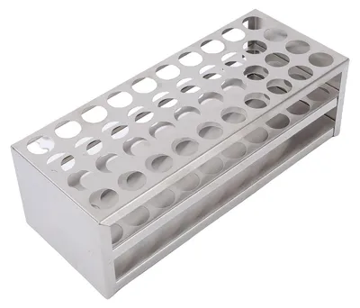Zdjęcie produktu dla Stojak na probówki ze 40 otworami, wykonany ze stali nierdzewnej, do probówek wirówkowych o średnicy 21 mm, przeznaczony do eksperymentów laboratoryjnych