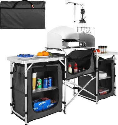 Productafbeelding van Kampeertafel voor de keuken, inklapbare buitentafel voor koken met opbergtas, aluminium kookstation met 3 kastjes en een afneembaar windscherm, snelle opstelling voor picknicks, barbecueën, enz.