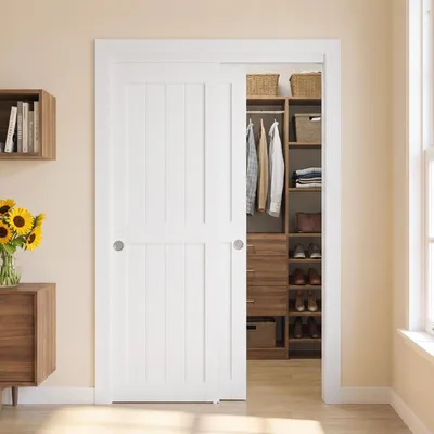 Image de Kit complet de porte coulissante VEVOR, 2 pièces, dimensions 1219 mm (porte double de 635 mm) x 2032 mm, pour armoires, chambres et dressings. Construction entièrement en bois, avec rails de montage et guide de sol. Design élégant et gain de place