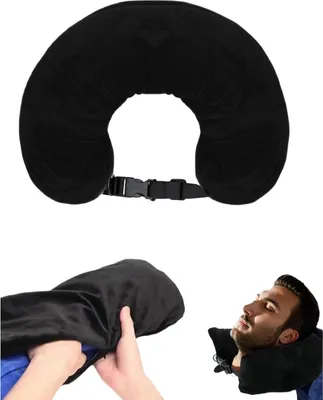 Produktbild von U-förmiges, röhrenförmiges Nackenkissen zum Befüllen mit Kleidung, ohne Polsterung, schwarzer Reisebezug, 1 Stück