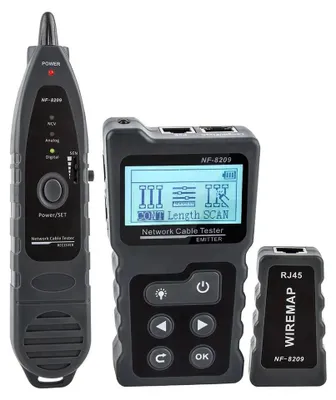 Obrázek produktu pro Tester ethernetových kabelů – NF-8209 – Wiremap a vyhledávač kabelů – tester PoE – měření délky – LCD displej – včetně baterie – RoHS