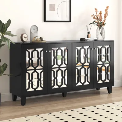 Image de Sweiko Buffet noir miroir avec poignées en cristal froid,avec stratifié mobile,160x40x84cm
