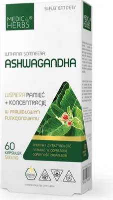 A product box for Medica Herbs Ashwagandha supplement.